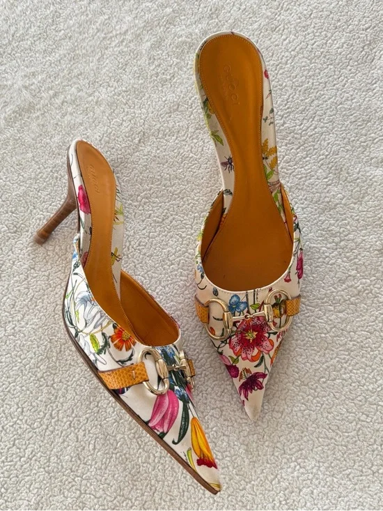 Gucci Floral Pointed Mule Heels - White Flora - Picture 3 of 9